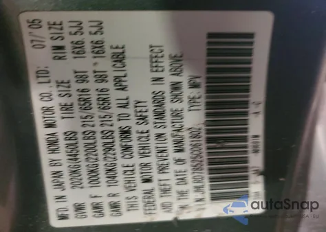 2005 Honda Cr-V Lx from USA, damaged, VIN JHLRD78525C061802